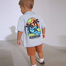 Load image into Gallery viewer, Blue Denim Short Sleeve Revere Collar Backprint Shirt (3mths-6yrs)