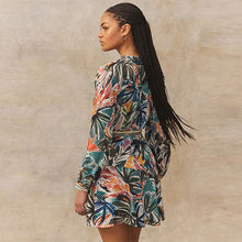 Load image into Gallery viewer, Green/Multicoloured Palm Print Boho Tie Waist Long Sleeve Mini Shirt Dress