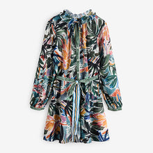 Load image into Gallery viewer, Green/Multicoloured Palm Print Boho Tie Waist Long Sleeve Mini Shirt Dress