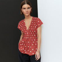 Load image into Gallery viewer, Rust/Ecru Polka Dot Pintuck V-Neck Top