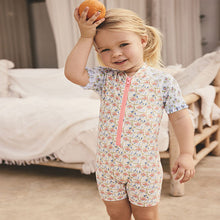 Load image into Gallery viewer, Blue/Pink Floral Frill Sleeve Sunsafe Swimsuit (6mths-6yrs)