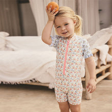 Load image into Gallery viewer, Blue/Pink Floral Frill Sleeve Sunsafe Swimsuit (6mths-6yrs)