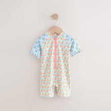 Load image into Gallery viewer, Blue/Pink Floral Frill Sleeve Sunsafe Swimsuit (6mths-6yrs)