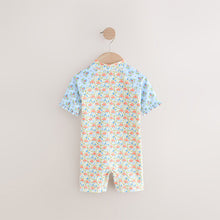 Load image into Gallery viewer, Blue/Pink Floral Frill Sleeve Sunsafe Swimsuit (6mths-6yrs)