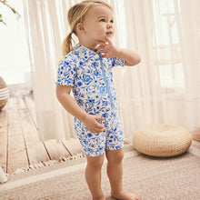 Load image into Gallery viewer, Blue Floral Frill Sleeve Sunsafe Swimsuit (6mths-6yrs)