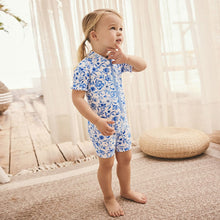 Load image into Gallery viewer, Blue Floral Frill Sleeve Sunsafe Swimsuit (6mths-6yrs)