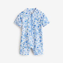 Load image into Gallery viewer, Blue Floral Frill Sleeve Sunsafe Swimsuit (6mths-6yrs)