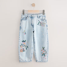 Load image into Gallery viewer, Light Blue Denim 100% Cotton Flower Embroidered Barrel Jeans (3-12yrs)