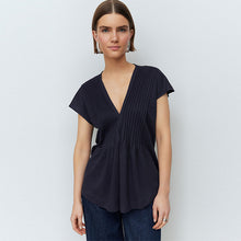 Load image into Gallery viewer, Navy Pintuck V-Neck Top