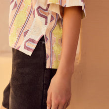 Load image into Gallery viewer, Yellow/Ecru/Brown Striped Tile Print Linen Modal Blend Soft Touch Scoop