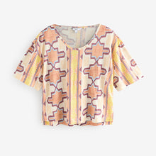 Load image into Gallery viewer, Yellow/Ecru/Brown Striped Tile Print Linen Modal Blend Soft Touch Scoop