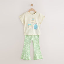 Load image into Gallery viewer, Ecru/Blue Girls Short Sleeve T-Shirt and Flare Leggings Set (3mths-6yrs)