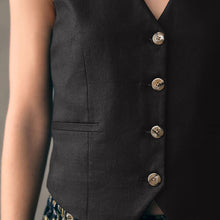 Load image into Gallery viewer, Black Button Through Waistcoat With Linen