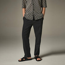 Load image into Gallery viewer, Black Regular Tapered Fit Linen Cotton Chino Trousers