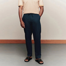 Load image into Gallery viewer, Navy Blue Regular Tapered Fit Linen Cotton Chino Trousers