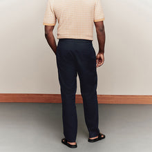 Load image into Gallery viewer, Navy Blue Regular Tapered Fit Linen Cotton Chino Trousers