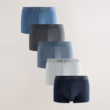 Load image into Gallery viewer, Blue/Grey Hipster Cotton Rich Trunks 5 Pack