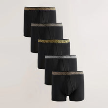 Load image into Gallery viewer, Black Metallic Pattern Waistband 5 Pack A-Front Cotton Rich Boxers
