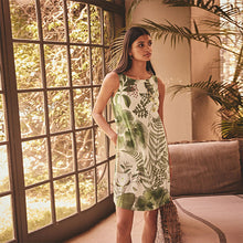 Load image into Gallery viewer, Cream and Green Palm Floral Kew Collection Scoop Back Mini Shift Dress With Linen