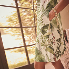 Load image into Gallery viewer, Cream and Green Palm Floral Kew Collection Scoop Back Mini Shift Dress With Linen
