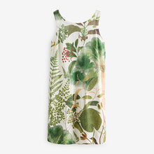 Load image into Gallery viewer, Cream and Green Palm Floral Kew Collection Scoop Back Mini Shift Dress With Linen