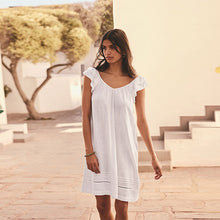 Load image into Gallery viewer, White V-Neck Ruffle Sleeve Mini Dress with Linen