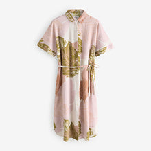 Load image into Gallery viewer, Cream Palm Print Short Sleeve Tie Waist Midi Dress with Linen