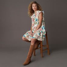 Load image into Gallery viewer, Cream/Blue/Pink Vintage Floral Print Boho Frill Detail Lace Insert Mini Dress with Linen