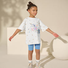 Load image into Gallery viewer, Blue/Ecru Floral Unicorn Oversized T-Shirt Cycle Top and Shorts Set (3-11yrs)