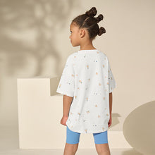 Load image into Gallery viewer, Blue/Ecru Floral Unicorn Oversized T-Shirt Cycle Top and Shorts Set (3-11yrs)