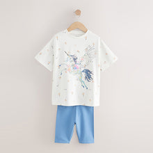 Load image into Gallery viewer, Blue/Ecru Floral Unicorn Oversized T-Shirt Cycle Top and Shorts Set (3-11yrs)