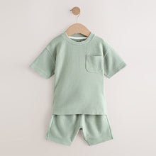 Load image into Gallery viewer, Sage Green 100% Cotton Textured Pocket Tops & Shorts Set (3mths-6yrs)