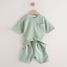 Load image into Gallery viewer, Sage Green 100% Cotton Textured Pocket Tops & Shorts Set (3mths-6yrs)
