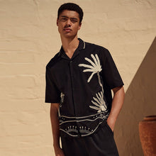 Load image into Gallery viewer, Black Textured Palm Tree Embroidered Short Sleeve Shirt