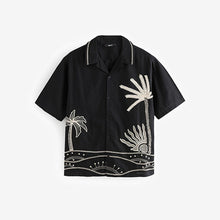 Load image into Gallery viewer, Black Textured Palm Tree Embroidered Short Sleeve Shirt