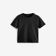 Load image into Gallery viewer, Black/Gold Chain Neck Detail 100% Cotton T-Shirt
