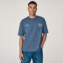 Load image into Gallery viewer, Blue Script Text Relaxed Fit Graphic Print Heavy Weight T-Shirt
