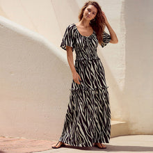 Load image into Gallery viewer, Black/White Animal Zebra Print Short Sleeve Jersey Tie Front Textured Midi Dress