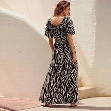 Load image into Gallery viewer, Black/White Animal Zebra Print Short Sleeve Jersey Tie Front Textured Midi Dress
