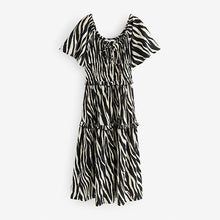 Load image into Gallery viewer, Black/White Animal Zebra Print Short Sleeve Jersey Tie Front Textured Midi Dress