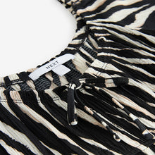 Load image into Gallery viewer, Black/White Animal Zebra Print Short Sleeve Jersey Tie Front Textured Midi Dress