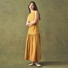 Load image into Gallery viewer, Ochre Yellow Sleeveless Drop Waist Crew Neck Midi Dress