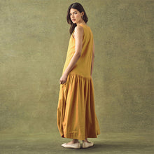 Load image into Gallery viewer, Ochre Yellow Sleeveless Drop Waist Crew Neck Midi Dress
