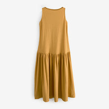 Load image into Gallery viewer, Ochre Yellow Sleeveless Drop Waist Crew Neck Midi Dress