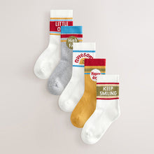 Load image into Gallery viewer, Ecru/Mustard/Red Retro Slogan Print Rich Socks 5 Pack
