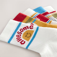 Load image into Gallery viewer, Ecru/Mustard/Red Retro Slogan Print Rich Socks 5 Pack