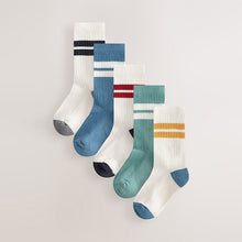 Load image into Gallery viewer, Ecru/Blue/Mineral Cushioned Footbed Cotton Rich Ribbed Tipped Socks 5 Pack
