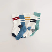 Load image into Gallery viewer, Ecru/Blue/Mineral Cushioned Footbed Cotton Rich Ribbed Tipped Socks 5 Pack
