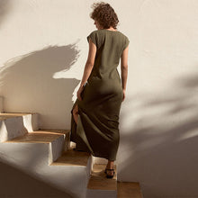 Load image into Gallery viewer, Khaki Green Textured Tie Waist T Dress