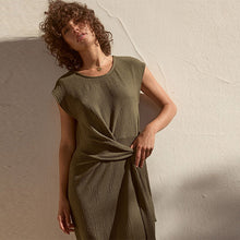 Load image into Gallery viewer, Khaki Green Textured Tie Waist T Dress